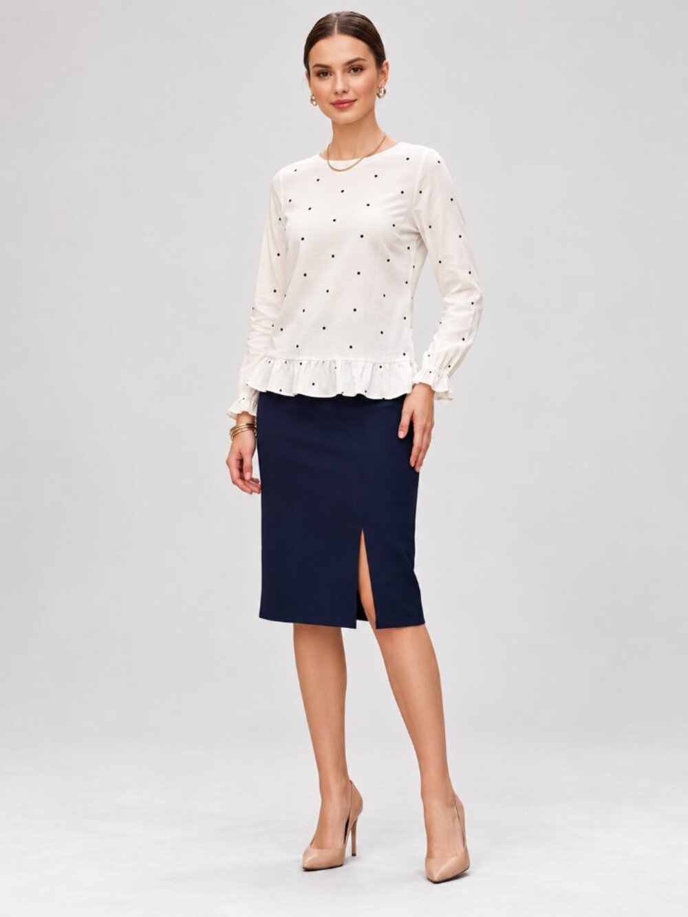 LOFT White Black Polka Dot Boat Neck Ruffle Hem Top Size M NWT